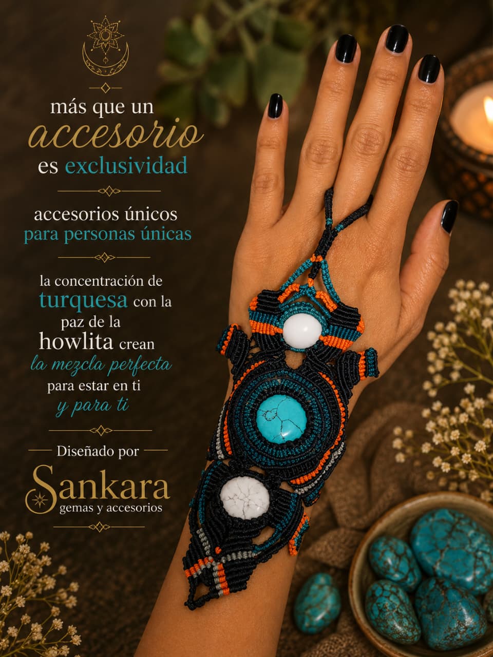 Accesorio de Mano en Macramé con Turquesa y Howlita