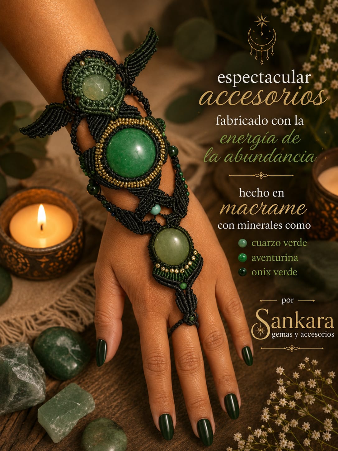 Pulsera Anillo en Macramé con Cuarzo Verde