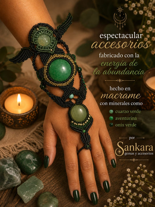 Pulsera Anillo en Macramé con Cuarzo Verde