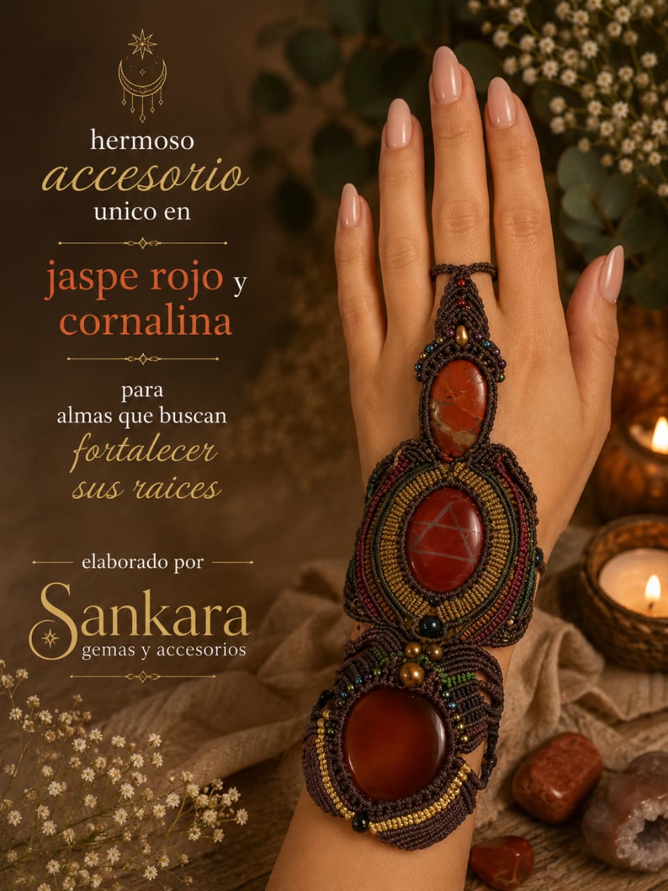 Accesorio de Mano en Macramé con Jaspe Rojo y Cornalina